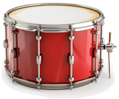 Red snare drum, metallic hardware, and a pristine finish. png