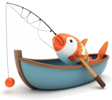 Cartoon fish in a small fishing boat. png