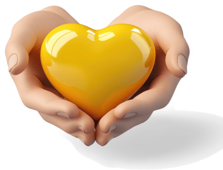 Tender hands hold a golden heart of affection. png