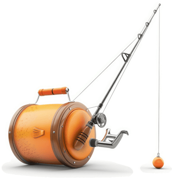 Retro orange fishing tackle box with fishing rod. png