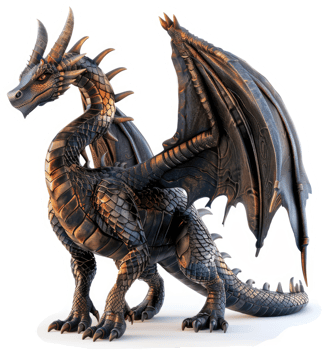 Majestic bronze dragon with intricate scales and wings. png