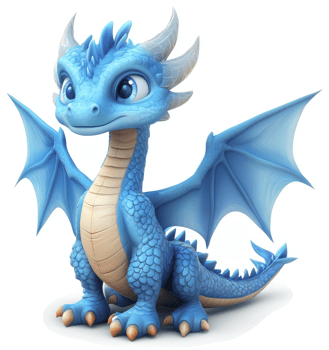 Adorable, light-blue cartoon dragon with wings. png