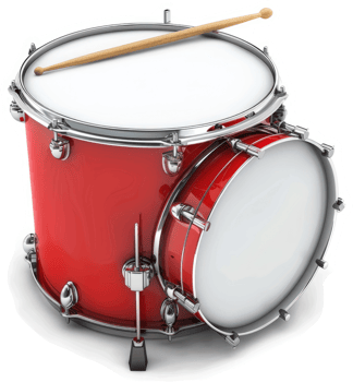 Red drum kit with drumsticks resting on top. png