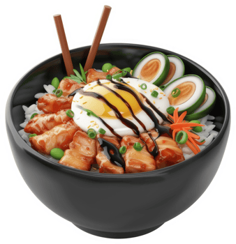 Teriyaki chicken and egg bowl with rice and vegetables. png