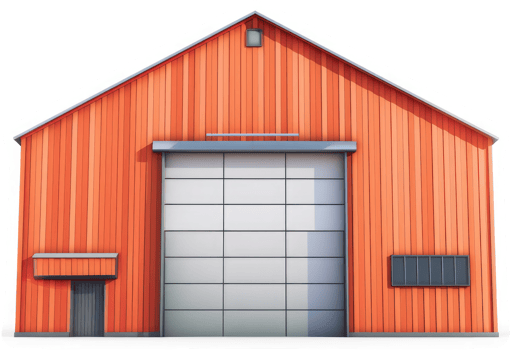 Orange barn-style structure with large garage door. png
