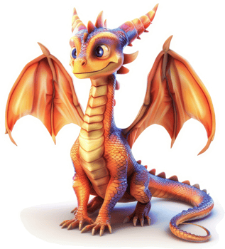 Smiling, orange-and-purple cartoon dragon with large wings. png