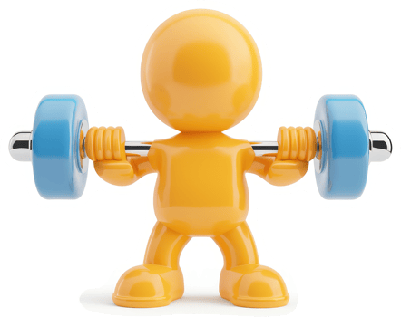 A cartoon figure lifts heavy weights in a strength training pose. png
