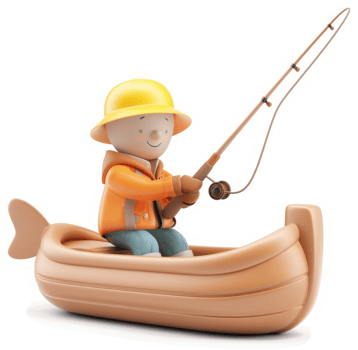 Cartoon Fisherman in a Wooden Rowboat, Fishing. png