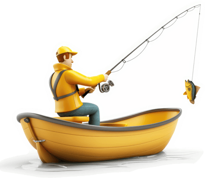 Animated cartoon depiction of a fisherman in a yellow rowboat. png