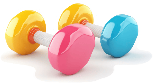Vibrant yellow, pink, and blue dumbbells represent fitness equipment. png