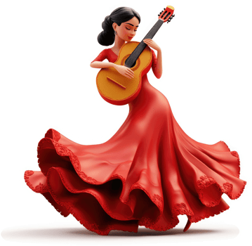 A vibrant flamenco dancer plays a classical guitar. png