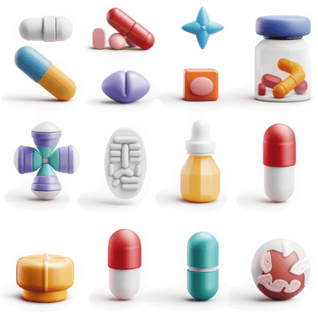 Colorful pharmaceutical icons representing various medication forms. png