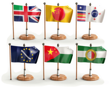 Miniature flags of various countries displayed on wooden stands. png