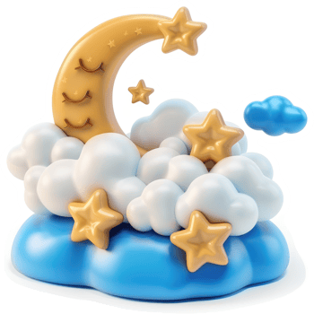 Cute cartoon moon and stars resting on fluffy clouds. png