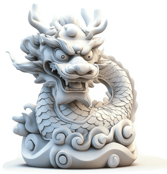 A stylized, white, sculpted dragon figure. png