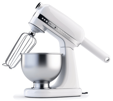 White stand mixer with metallic bowl and whisk attachment. png