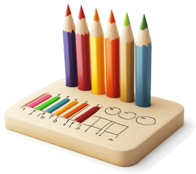 Colorful pencils in a wooden pencil holder with child's drawings. png