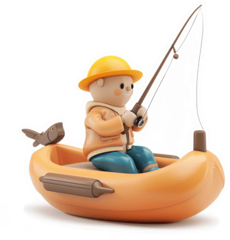 Smiling boy fishes from an orange inflatable boat. png