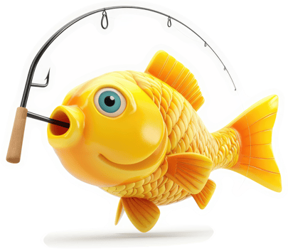 Cheerful golden fish caught on a fishing rod. png