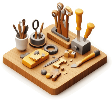A collection of craft tools and supplies arranged on a wooden surface. png