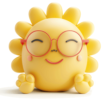 Smiling sun character wearing glasses. png