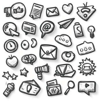 Collection of hand-drawn communication and technology icons. png