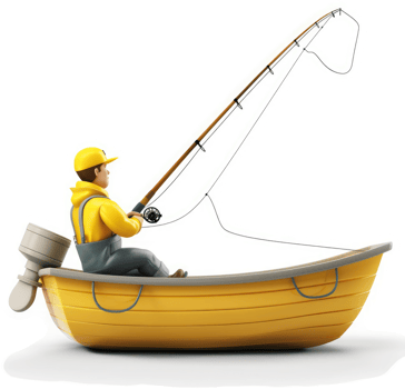Cartoon illustration of a fisherman in a small yellow boat. png