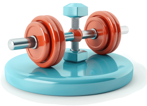 Interlocking dumbbells rest on a light blue circular base. png