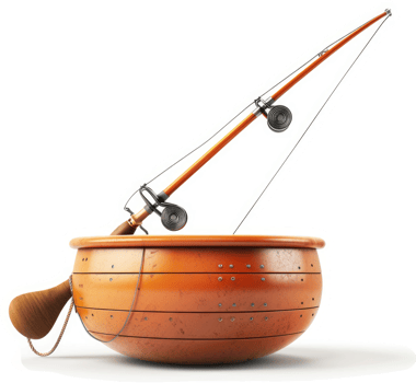 Wooden fishing bowl with a fishing rod. png
