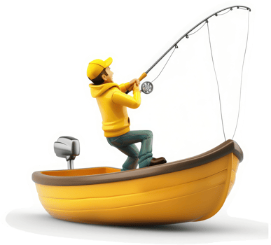 Animated depiction of a young person fishing from a small boat. png