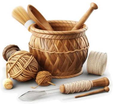 Wooden basket brimming with craft supplies for knitting and weaving. png