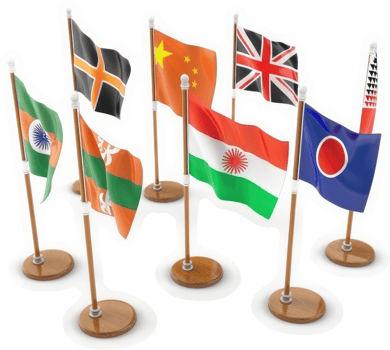 International flags displayed on stands, representing diverse nations. png