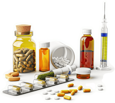 Assorted pharmaceutical products and medical supplies displayed for illustrative purposes. png