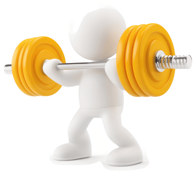 Cartoon figure lifts heavy weights in a strength training pose. png