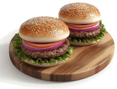 Two juicy hamburgers on a wooden cutting board. png