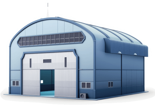 Light-blue, arched industrial building with large garage doors. png