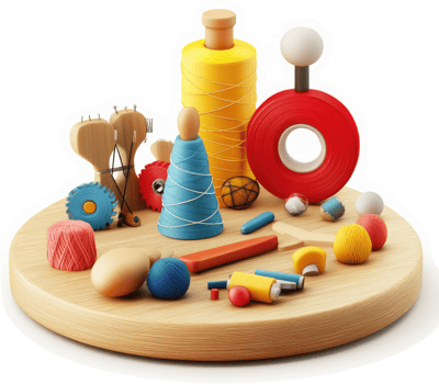 Colorful collection of sewing and crafting tools displayed on a wooden surface. png