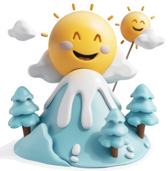 Cheerful sun atop a snowy mountain landscape. png