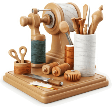 Vintage wooden sewing and crafting tools displayed on a tabletop. png