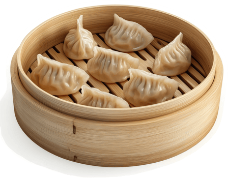 Steamed dumplings nestled in a traditional bamboo steamer. png