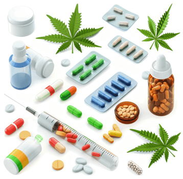 Assorted pharmaceutical products and cannabis leaf imagery. png