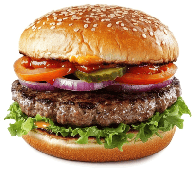 Deliciously seasoned beef patty, topped with fresh toppings, nestled within a toasted bun. png