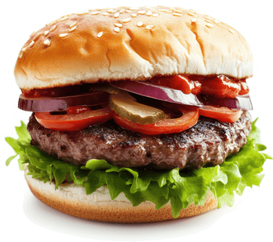Gourmet hamburger topped with fresh vegetables. png
