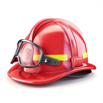 Red firefighter helmet with protective goggles. png