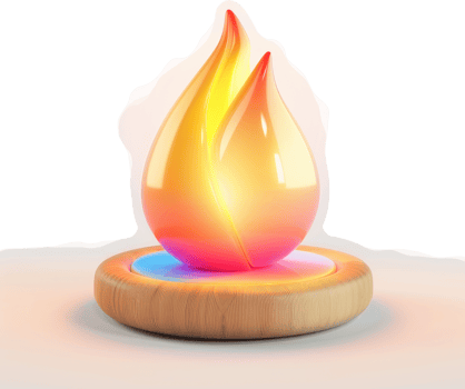 Illuminated flame-shaped droplet on a wooden base. png