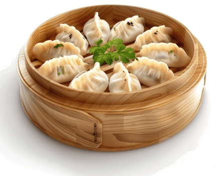Wooden steamer basket filled with delicious dumplings. png