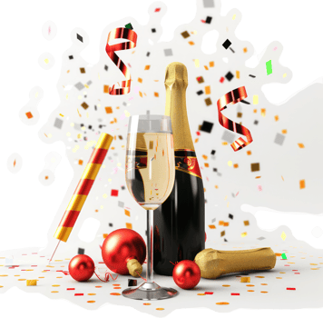 Festive champagne celebration with confetti and ornaments. png