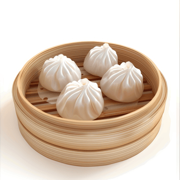 Four steamed dumplings, nestled in a bamboo steamer basket. png