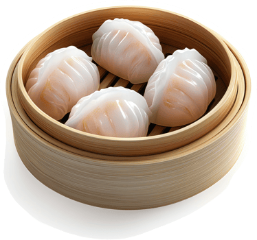 Four delicate steamed dumplings in a bamboo steamer basket. png