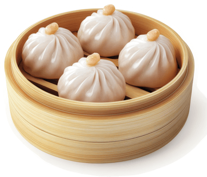 Four delicate steamed dumplings served in a traditional bamboo steamer. png